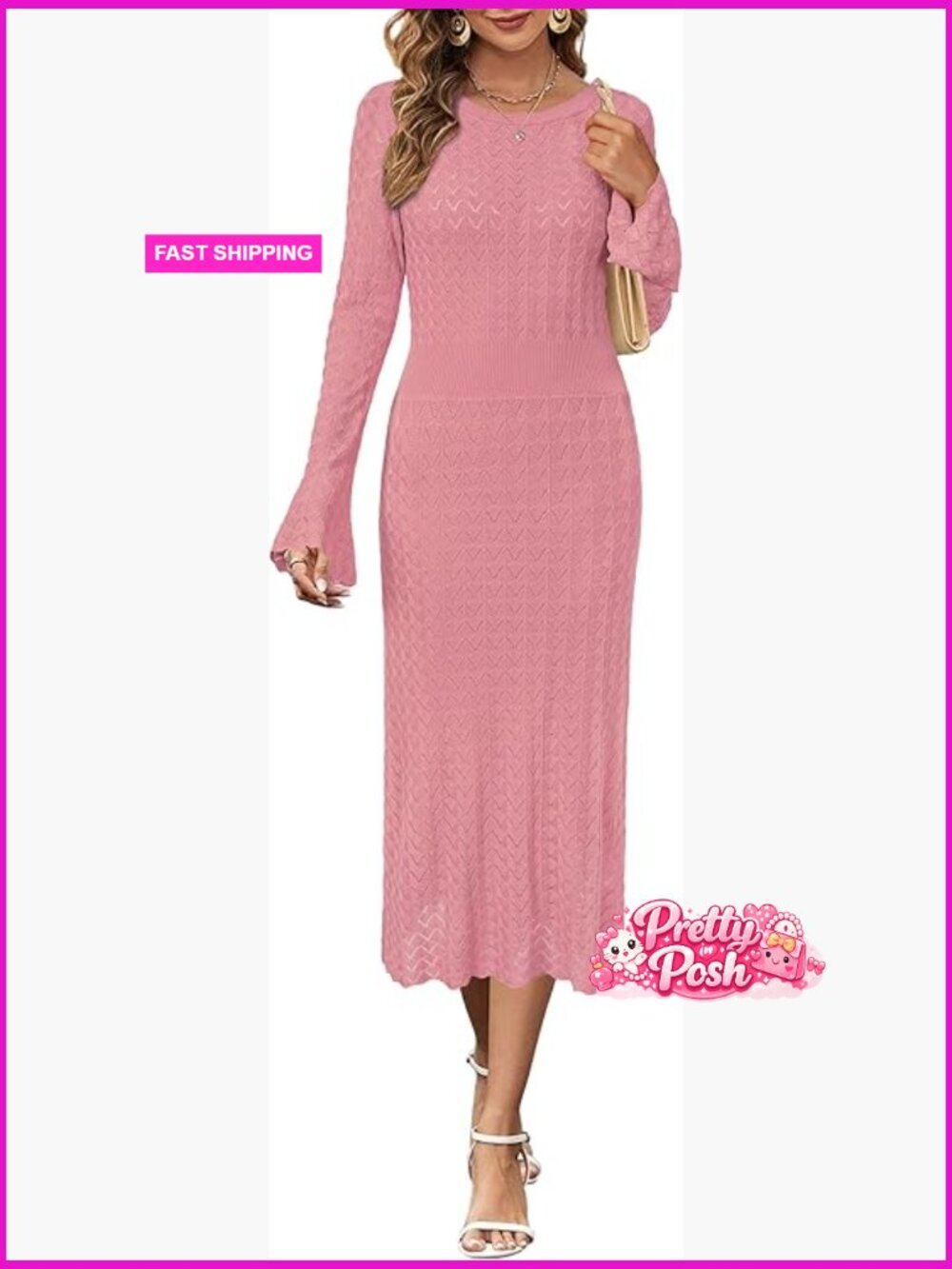 Winter Sweater Dress Long Sleeve Midi Knit Bell Sleeve Work Dress